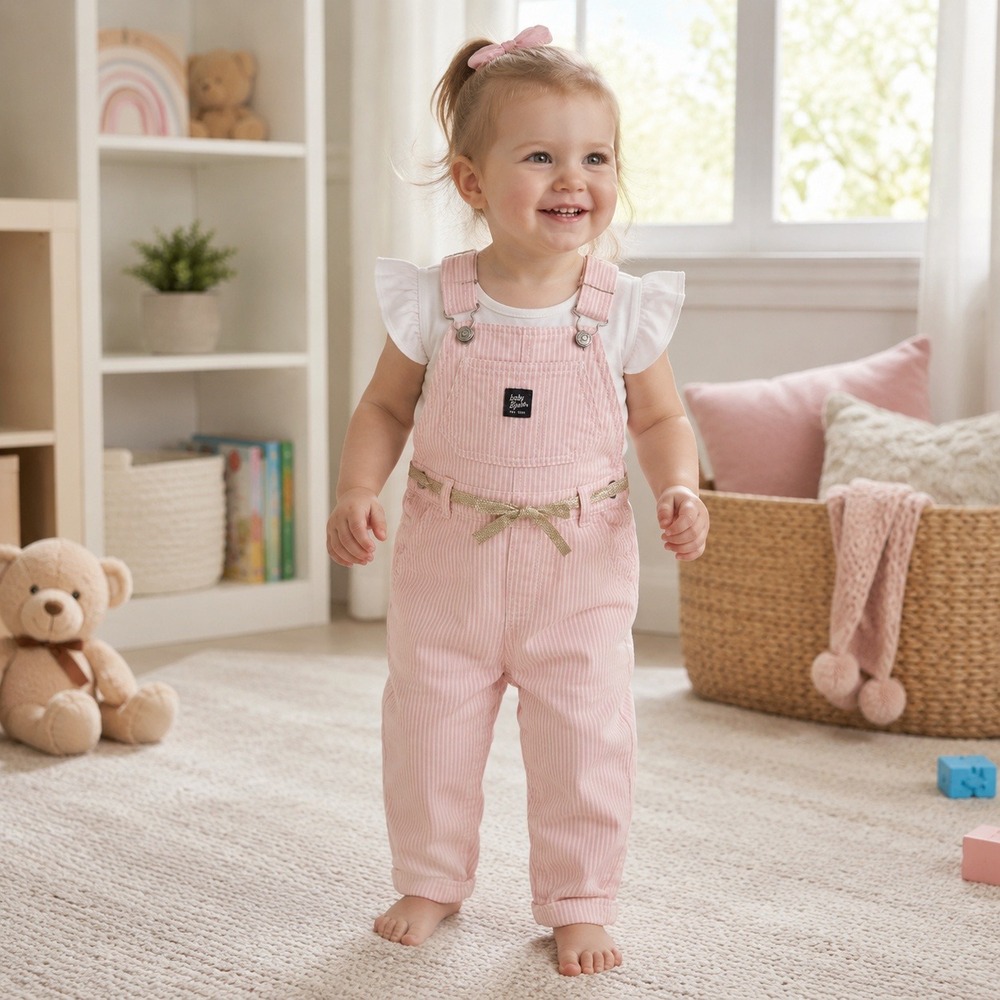 OshKosh B'gosh Baby Girls Pink Hickory Stripe Overalls 24M Gold Bow